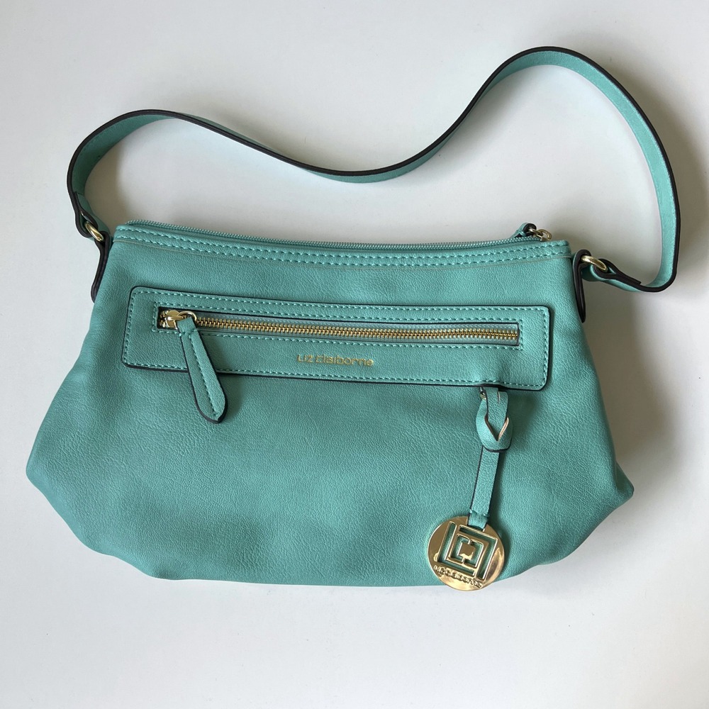 Liz Claiborne Aqua Turquoise Shoulder Bag Purse Gold Tone Charm Zip Top